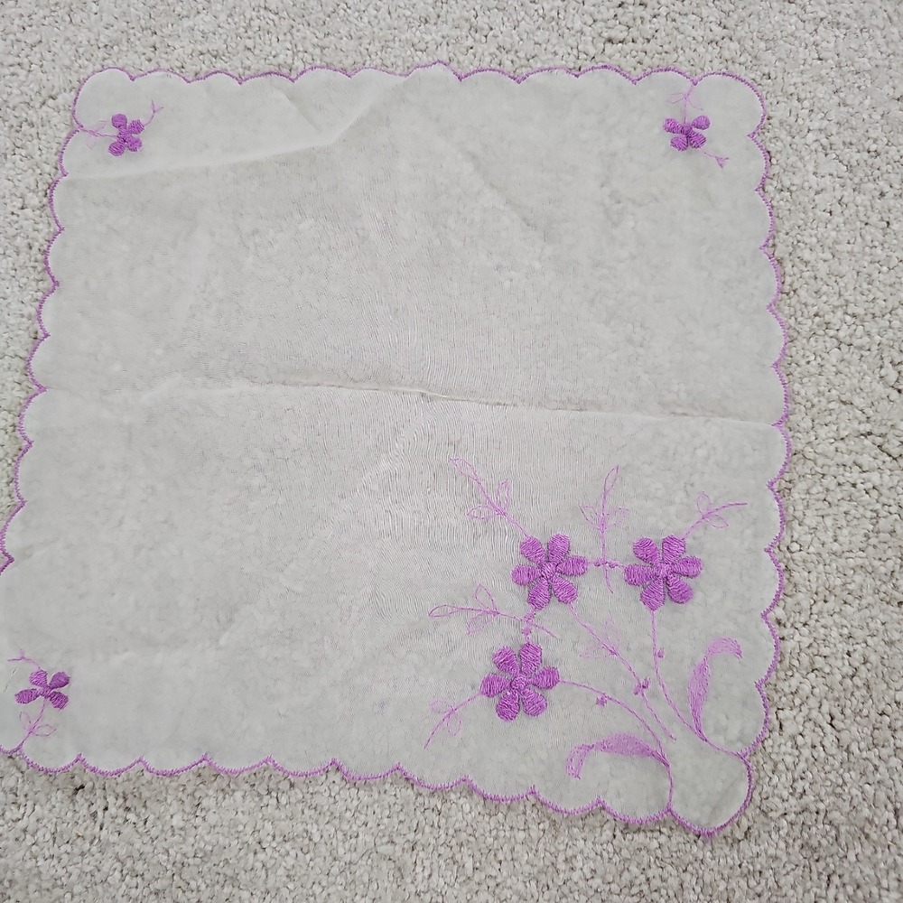Vintage Sheer 10x10โ Embroidered Floral Handkerchief - Purple Flowers